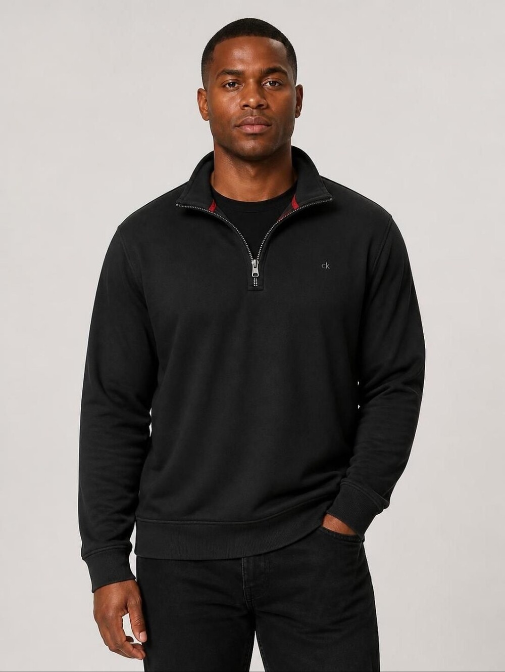 Calvin Klein Large Black Men’s Half-Zip Pullover with Red Trim